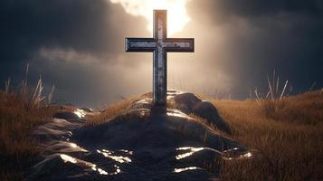 Christian cross on a dark background. 3D rendering photo