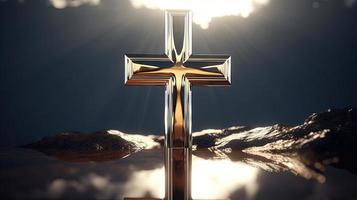 Christian cross on a dark background. 3D rendering photo