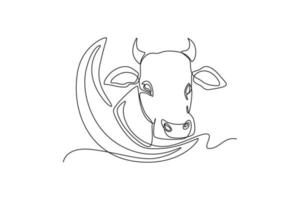 soltero uno línea dibujo creciente Luna y vaca cabeza. contento eid Alabama adha. continuo línea dibujar diseño gráfico vector ilustración.