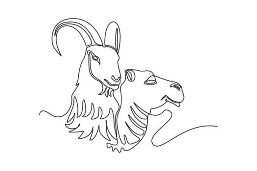 soltero uno línea dibujo cabra y camello. contento eid Alabama adha. continuo línea dibujar diseño gráfico vector ilustración.