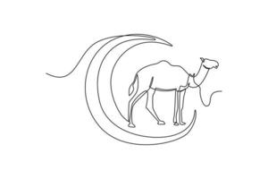 Single one line drawing Crescent moon and camel. Happy Eid Al Adha. Continuous line draw design graphic vector illustration.