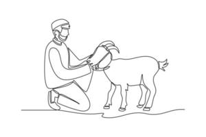 Single one line drawing muslim boy bring a goat for sacrifice. Happy Eid Al Adha. Continuous line draw design graphic vector illustration.