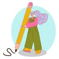 A cheerful girl with a large pencil draws on the floor. Student with a pencil. Flat illustration in flat style. Vector
