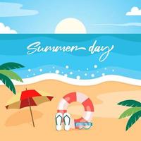 Summer day banner design with beach and swim equipment illustration on ocean background vector