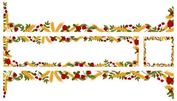 Set of spring frames with raspberries, cranberries and wheat branches. Summer vector banners