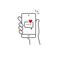 mano sostener teléfono inteligente, corazón correo electrónico enviar, nuevo amor mensaje línea icono. teléfono mensaje contorno icono. aislado vector