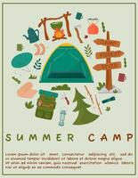 A4 poster for summer camping, travel, trip, hiking, tourist, nature, travel, picnic. Design of a poster, banner, leaflet, cover, special offer, advertisement. Vector illustration in a flat style.