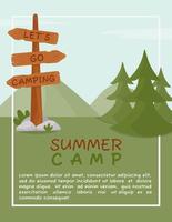 A4 poster for summer camping, travel, trip, hiking, tourist, nature, travel, picnic. Design of a poster, banner, leaflet, cover, special offer, advertisement. Vector illustration in a flat style.