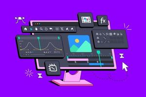 Program interface for Motion Designer. Working with Video and Animation. App for Designers. Video clip editing. Neobrutalism concept. Vector illustration in brutal style with long shadow. Creating vfx