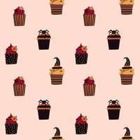 Halloween seamless pattern with cupcakes,traditional symbols.Marzipan Jack-o -lantern,chocolate raven,cobwebs and spiders,witch hat from fudge,vanilla cream,chocolate icing. Print for Halloween card vector