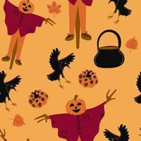 Halloween vector cartoon seamless pattern. Scarecrow, raven, pumpkin, and a witch s cauldron. Autumn festive background. Background for wallpaper, wrapping, packing, and backdrop.