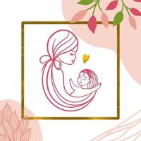 Vector illustration of a mother holding her baby daughter in her arms on a decorated background. Happy Mother's Day greeting card.