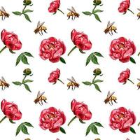 Vector pattern of red peony flowers and bees. Seamless pattern on a white background. Design for wallpaper, fabric, wrapping paper, cover and more.