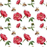 Vector pattern of red peony flowers and bees. Seamless pattern on a white background. Design for wallpaper, fabric, wrapping paper, cover and more.