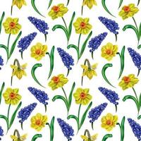 Seamless vector pattern with colorful spring flowers. Yellow daffodils, blue muscari, green leaves. Packaging design, cover, fabric, testille.