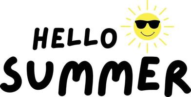 Hello Summer text with funny sun icon, vector background, isolated on white
