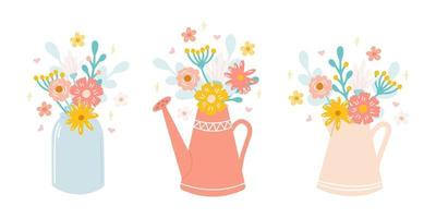 Set of cute beautiful flower bouquets in jar, jug and watering can. Vector illustration in flat style. Floral decor for invitations, postcards, stickers