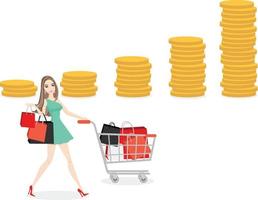 The statistic about online shopping that rate has increase and the woman is holding many shopping bags in her hand, push the shopping cart walking pass rows of coins vector on white background.