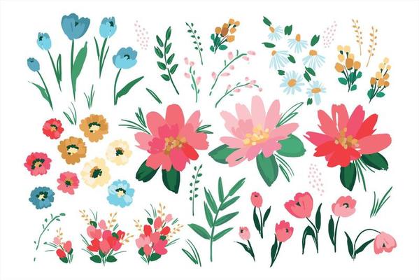 Set of abstract floral design elements. Leaves, flowers, grass, branches Vector illustrations