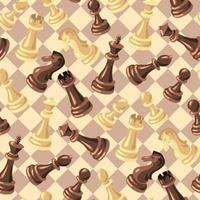 A pattern of black and white chess pieces made of wood on the background of a chessboard. Chess moves on a checkered board. Chess cartoon. Texture for printing on textiles and paper. Gift packaging vector