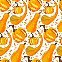 Vector seamless pattern of multicolored orange pumpkins with stripes and dots in a flat style on a white background. Perfect for autumn seasonal wrapping paper, screensavers, textiles, Halloween cards