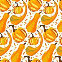 Vector seamless pattern of multicolored orange pumpkins with stripes and dots in a flat style on a white background. Perfect for autumn seasonal wrapping paper, screensavers, textiles, Halloween cards