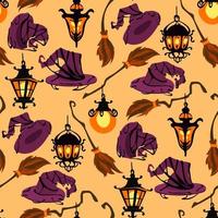 Seamless pattern with purple hat, witch broom and glowing street lights as a concept of mysticism, Gothic, Halloween horror. Flat vector illustration for printing on fabric, textiles, wrapping paper