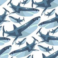 Vector print with seamless shark pattern. Sharks swim in different directions. Cute toothy sharks swim everywhere. Design of vector illustrations for fashionable fabrics, textile graphics, prints