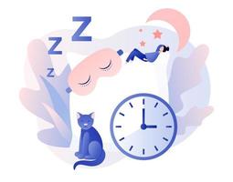 Sleep time. Sweet dreams. Good health and work of biological rhythms. Tiny woman sleeps in mask on a huge pillow. Modern flat cartoon style. Vector illustration on white background