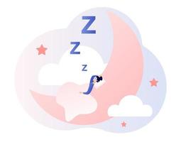 Sleep time. Sweet dreams. Good health and work of biological rhythms. Tiny girl sleeps in mask on the moon. Modern flat cartoon style. Vector illustration on white background