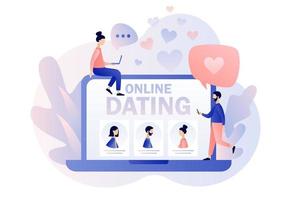 Online dating. Tiny people are looking for couple and chatting on the internet. Virtual relationship. Acquaintance in social network. Modern flat cartoon style. Vector illustration on white background