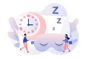 Sleep time. Sweet dreams. Good health and work of biological rhythms. Tiny people getting ready for sleep. Modern flat cartoon style. Vector illustration on white background