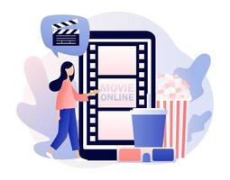 Online cinema concept. Mobile movie theater. Tiny woman watching movie at mobile app with popcorn, 3d glasses and video attributes. Modern flat cartoon style. Vector illustration on white background