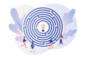 Business maze concept. Business metaphor. Tiny people looking for a way to reach the idea through the labyrinth. Modern flat cartoon style. Vector illustration on white background