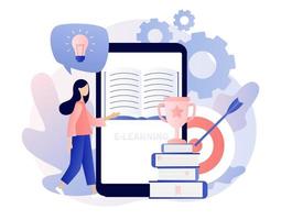 Self-learning, online education, e-book, distance e-learning. Skill improvement. Self development concept. Goal achieving. Modern flat cartoon style. Vector illustration on white background