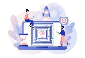 Business maze concept. Business metaphor. Tiny people looking for a way to reach the goal through the labyrinth. Start up. Modern flat cartoon style. Vector illustration on white background