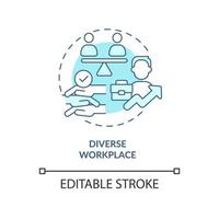 Diverse workplace turquoise concept icon. Diversity teamwork. Equal at career abstract idea thin line illustration. Isolated outline drawing. Editable stroke vector