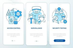 Parts of physical security blue onboarding mobile app screen. Safety walkthrough 3 steps editable graphic instructions with linear concepts. UI, UX, GUI template vector