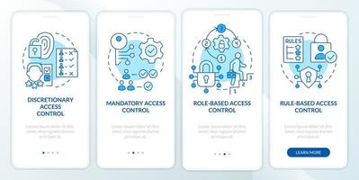 Types of access control blue onboarding mobile app screen. Identity walkthrough 4 steps editable graphic instructions with linear concepts. UI, UX, GUI template vector