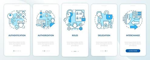 System capabilities blue onboarding mobile app screen. Authorization walkthrough 5 steps editable graphic instructions with linear concepts. UI, UX, GUI template vector