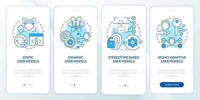 User modeling blue onboarding mobile app screen. Interaction walkthrough 4 steps editable graphic instructions with linear concepts. UI, UX, GUI template vector