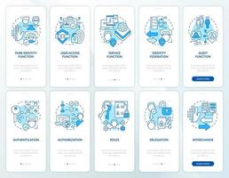 Identity management blue onboarding mobile app screen set. System walkthrough 5 steps editable graphic instructions with linear concepts. UI, UX, GUI template vector