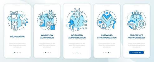 administración de identidades azul inducción móvil aplicación pantalla. cuentas recorrido 5 5 pasos editable gráfico instrucciones con lineal conceptos. ui, ux, gui modelo vector