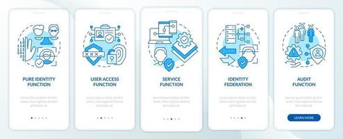 Functions blue onboarding mobile app screen. Online identification walkthrough 5 steps editable graphic instructions with linear concepts. UI, UX, GUI template vector