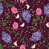 Floral seamless pattern with lilac and tulips on burgundy background. Vector pattern.