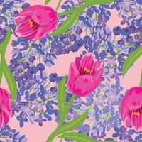 Tulips lilac seamless pattern in abstract style on pink background. vector