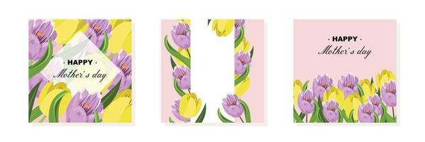 Purple and yellow floral templates with tulips for happy Mother's Day. Vector floral templates collection.