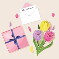 Group of items for  Happy Mother's Day. Tulips, gift box and envelope. vector