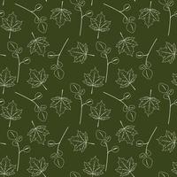 Seamless green pattern with white outline maple and eucalyptus leaves. vector