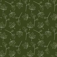 Seamless green pattern with white outline maple and eucalyptus leaves. vector